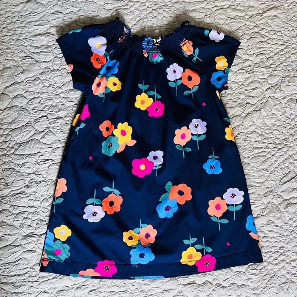 Hanna Andersson Dress Girls 5 Navy Floral Smocked Pocket Cotton